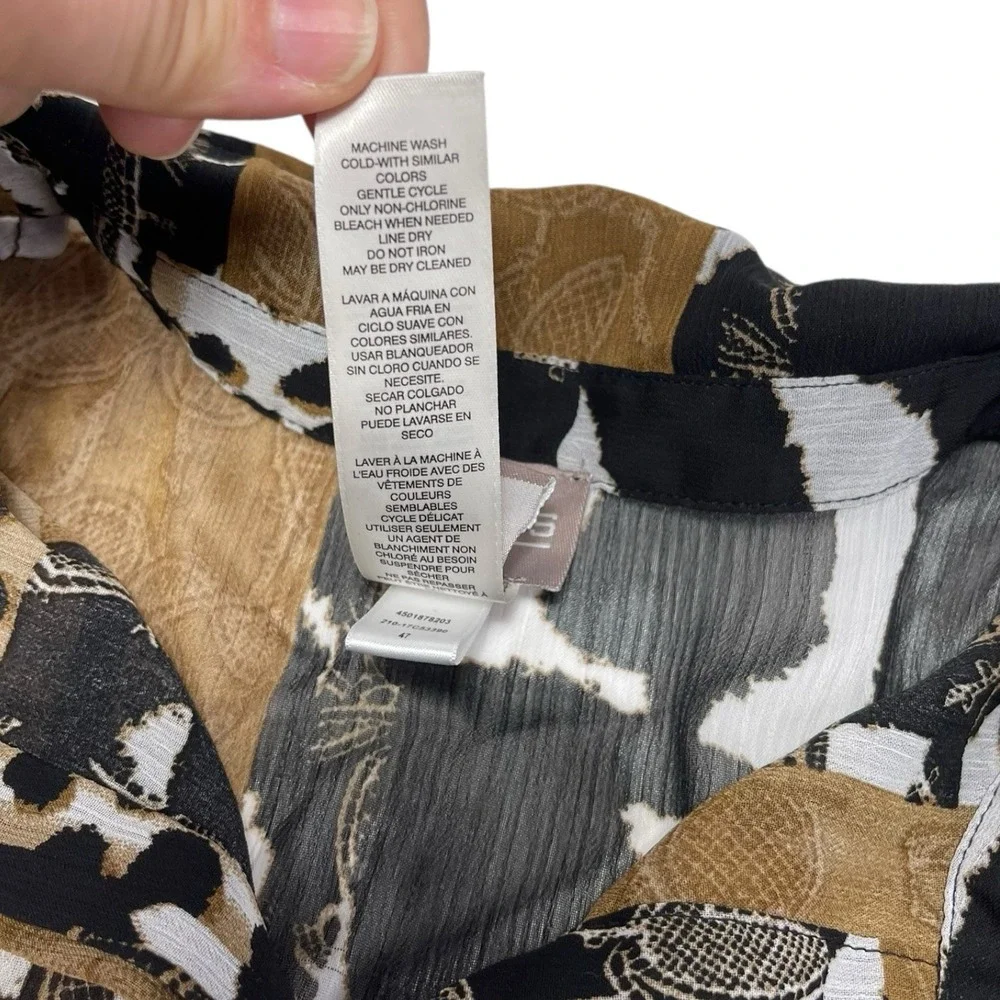 Chicos 1 M Brown Animal Print Button Down Roll Tab Sleeve Safari Mob Wife Blouse - Picture 4 of 10